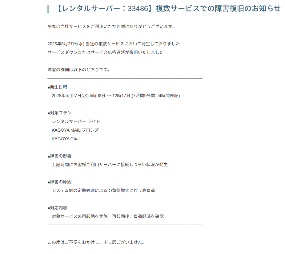 レンタルサーバーうんちく「KAGOYAライトプラン専有」サーバーの使用感・不具合とその顛末